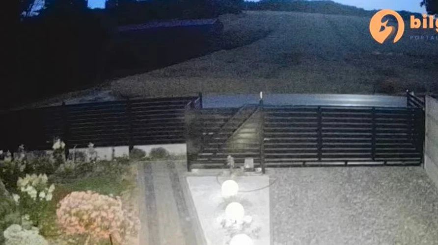 Скриншот відео з камери спостереження в гміні Туробин із нічним пейзажем і спалахом від падіння об'єкта